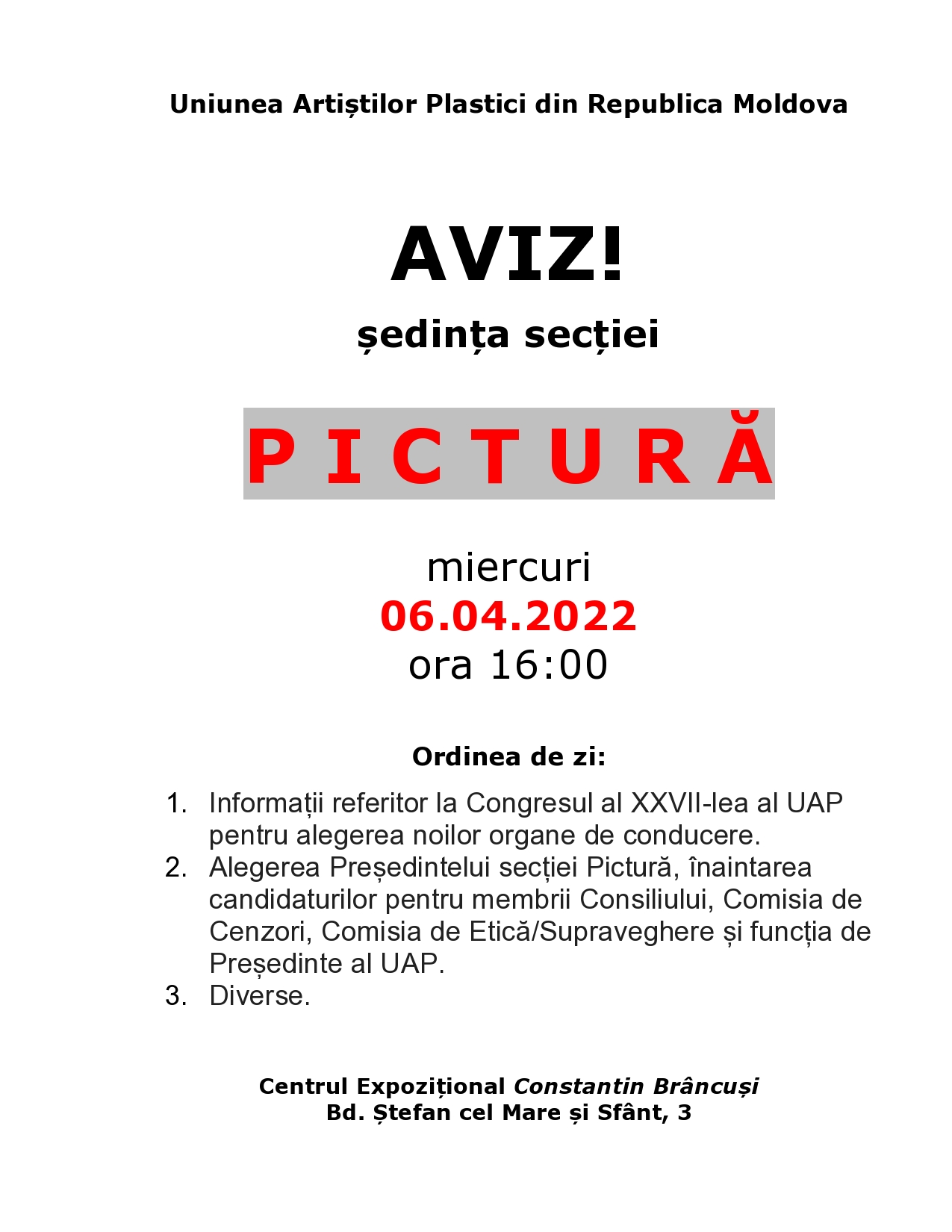 Aviz. Şedinţa secţiei Pictură din 06.04.2022