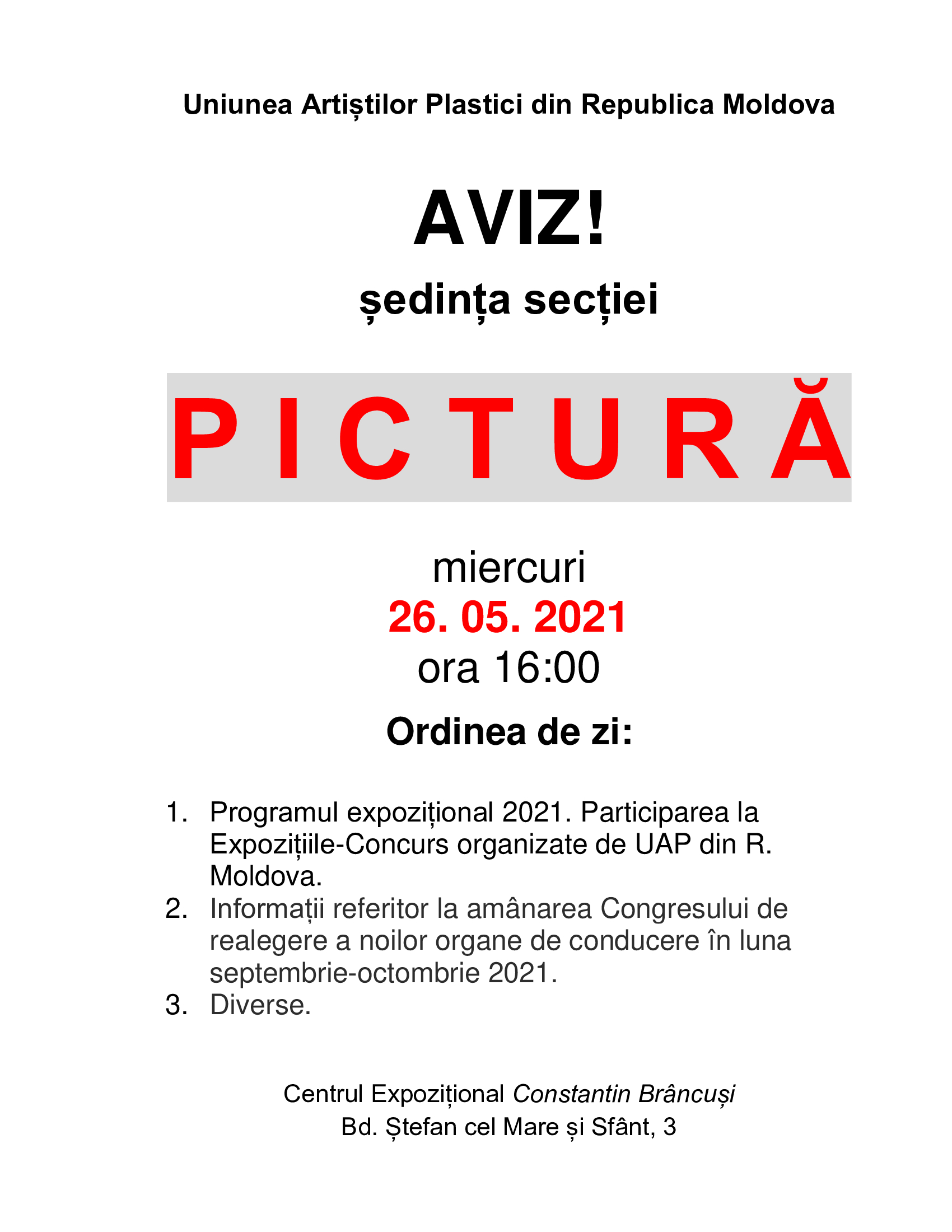 Anunţ! Şedinţa secţiei Pictură