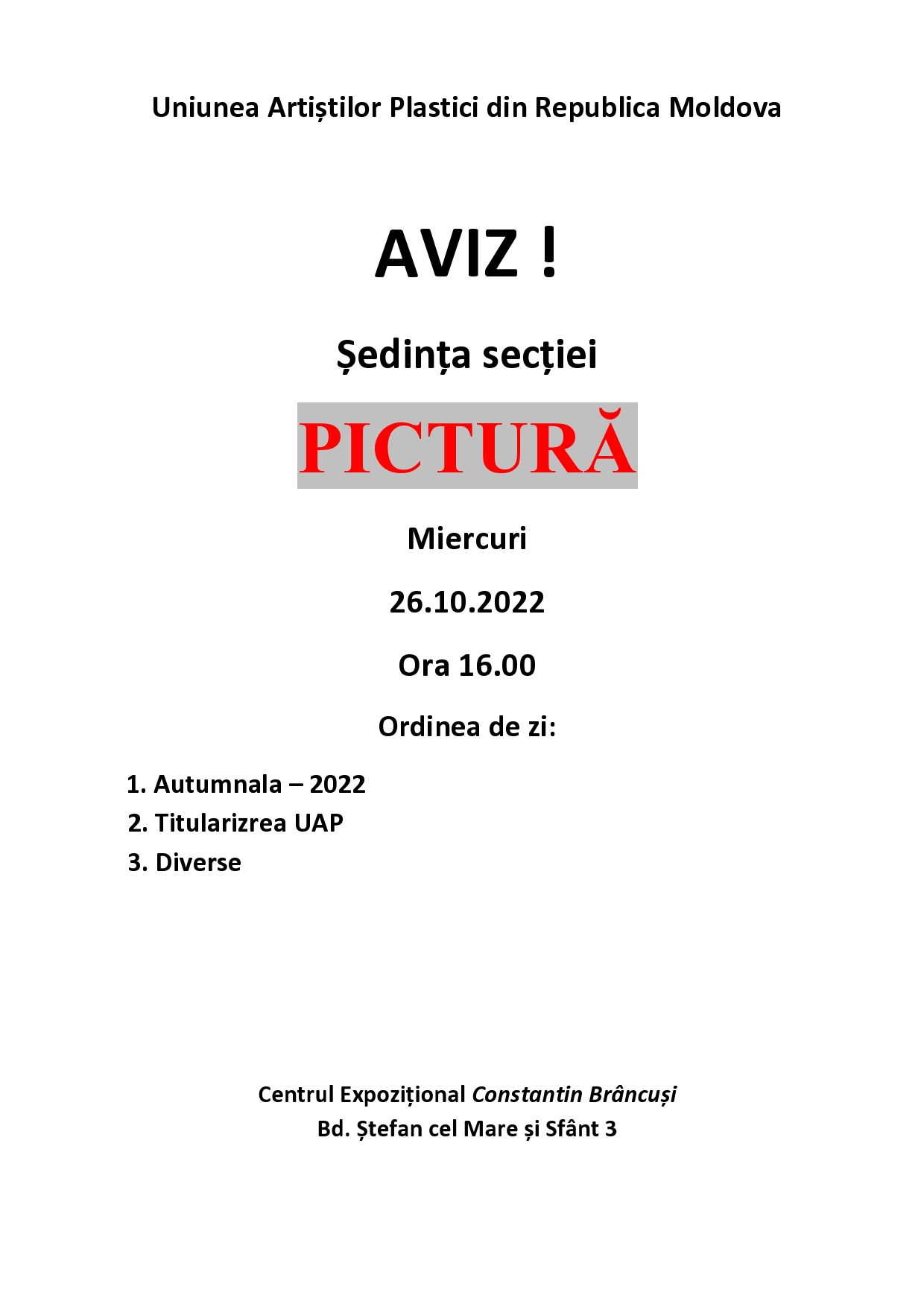 Aviz. Ședința secției Pictură din 26.10.2022