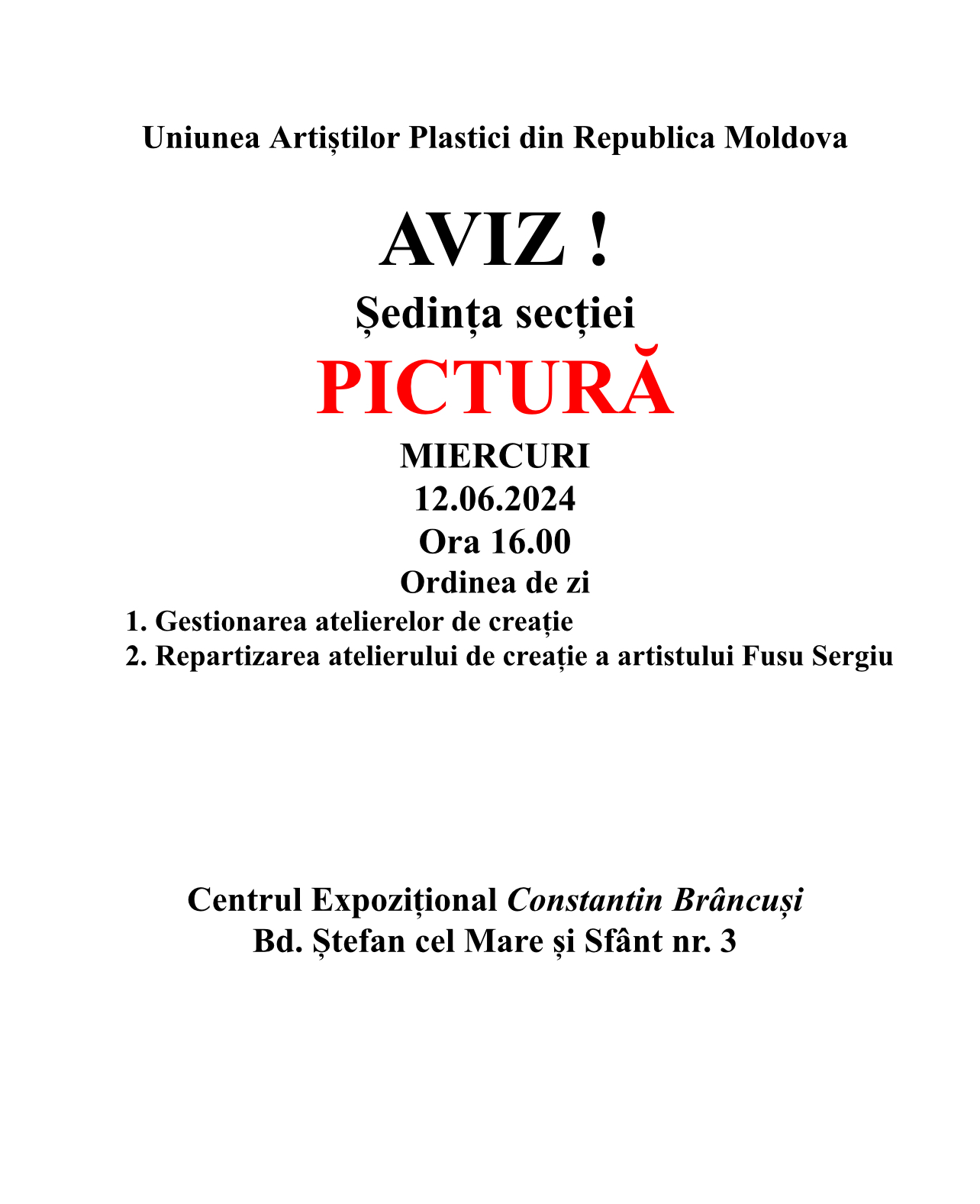 Aviz. Ședința secției Pictură din 12.06.2024