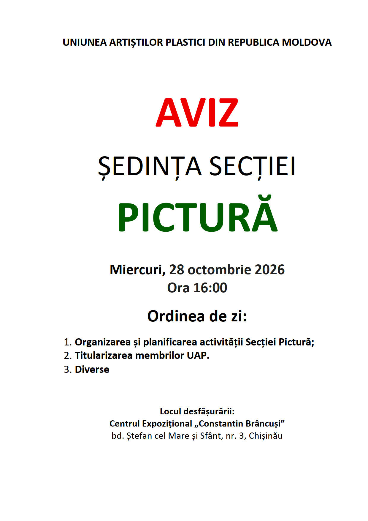 Aviz. Ședința secției Pictură 28.10.2026