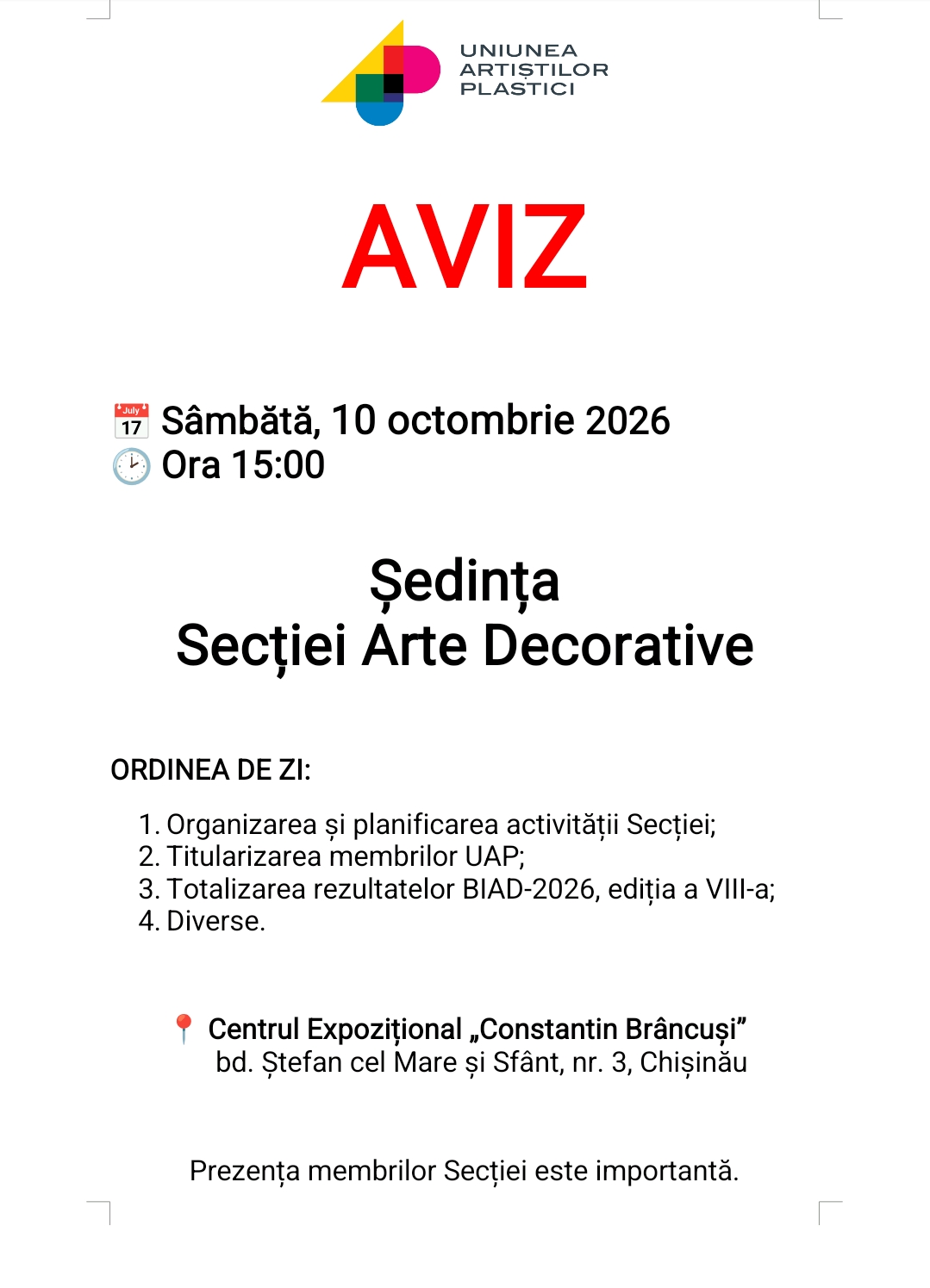 Aviz. Ședința secției Artă Decorativă